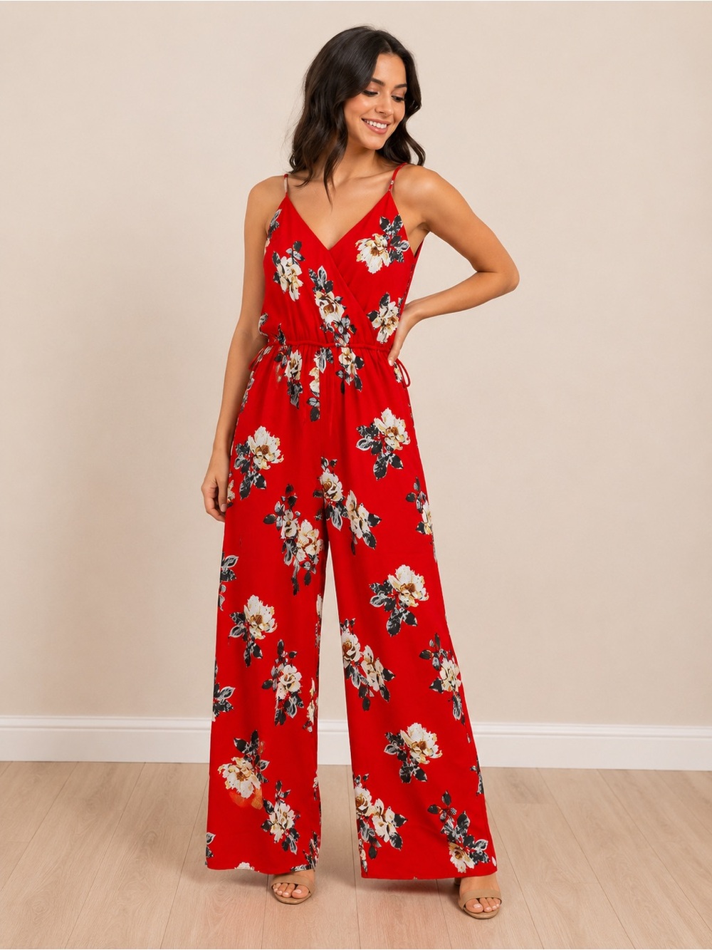 Riley  & James Women’s Red Floral Wide Leg Jumpsuit Size S
